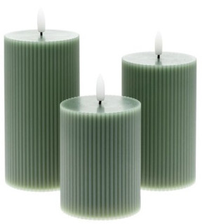 Set 3 Candela Cilindrica a Coste ø7,5cm da 10-12-15cm in Cera Verde 3D Wick Flame c/Telecomando