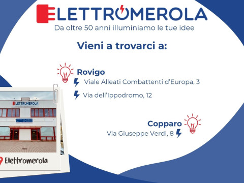Sedi di elettromerola su sfondo bianco ed inserti in blu, con una foto della sede centrale dell'azienda.