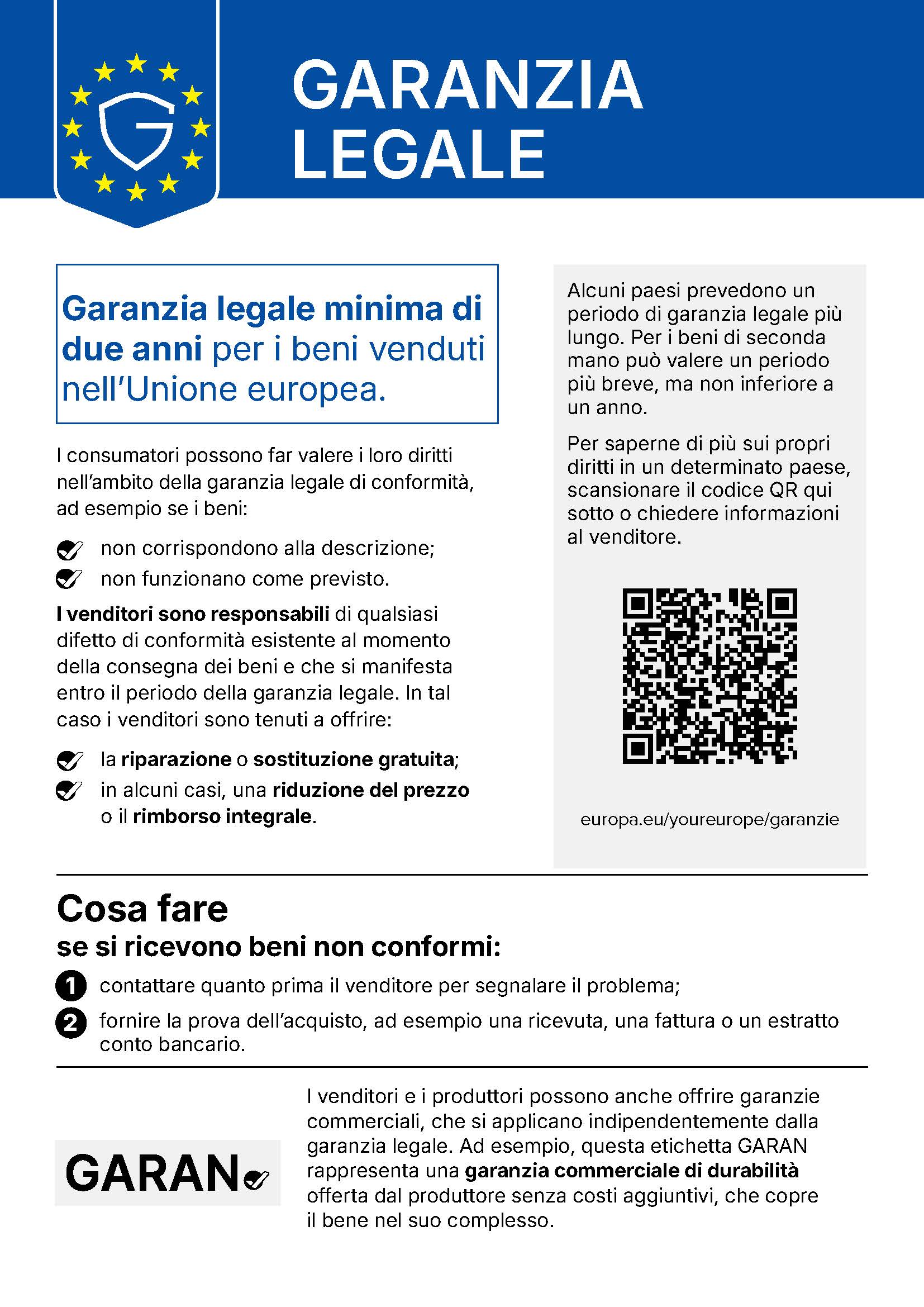 Avviso armonizzato UE sulla garanzia legale di conformità ed etichetta di durabilità GARAN